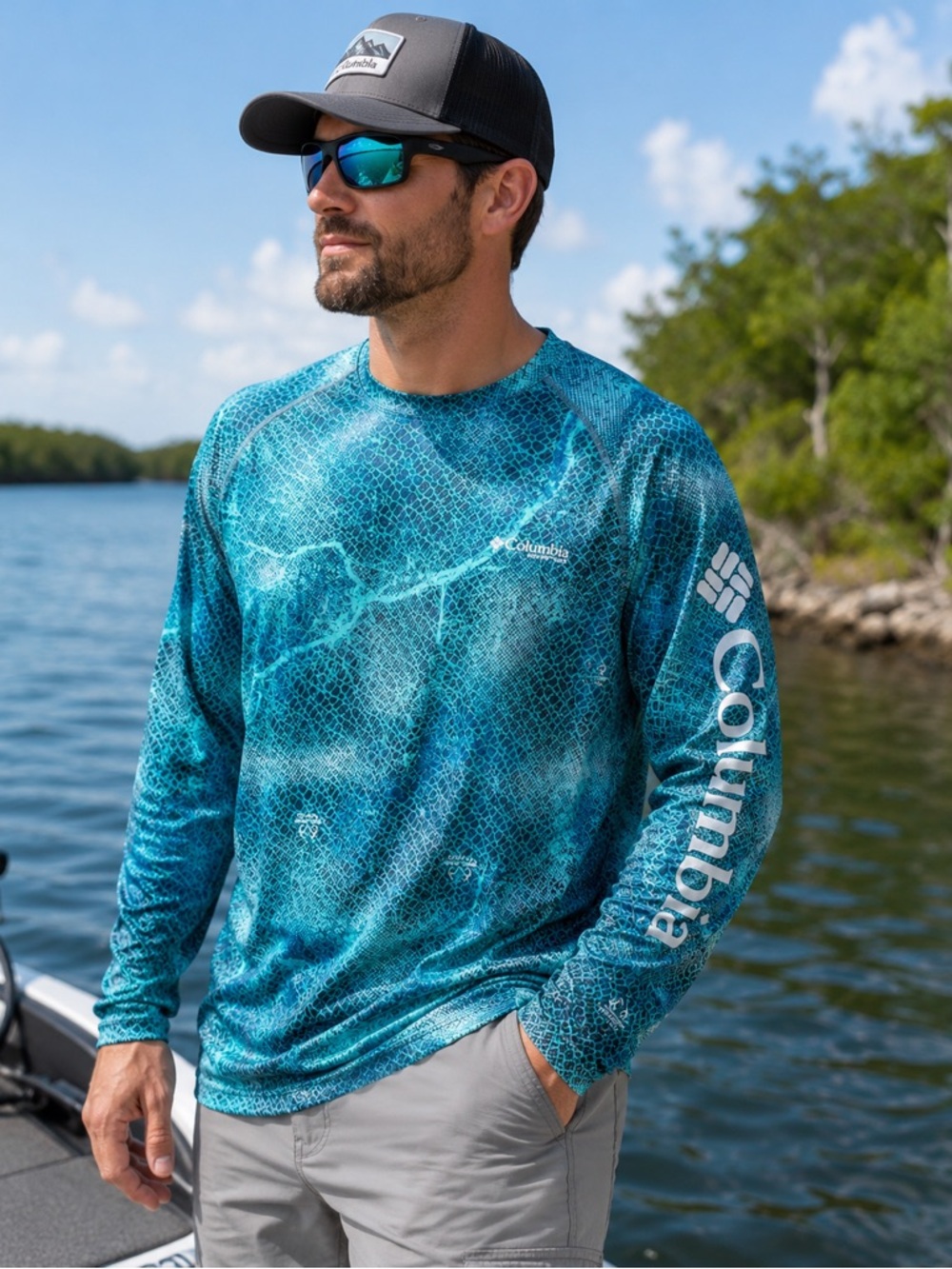 Columbia PFG Shirt Men’s M Blue Green Omni-Shade Realtree Long Sleeve Fishing